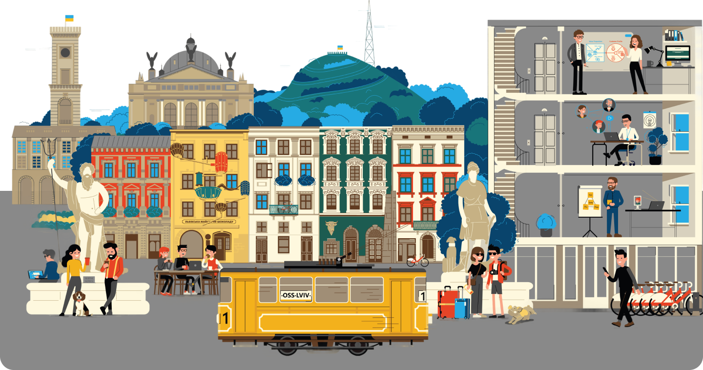 Illustration of Lviv cityscape with yellow tram, people in the street, and modern office cutaway.