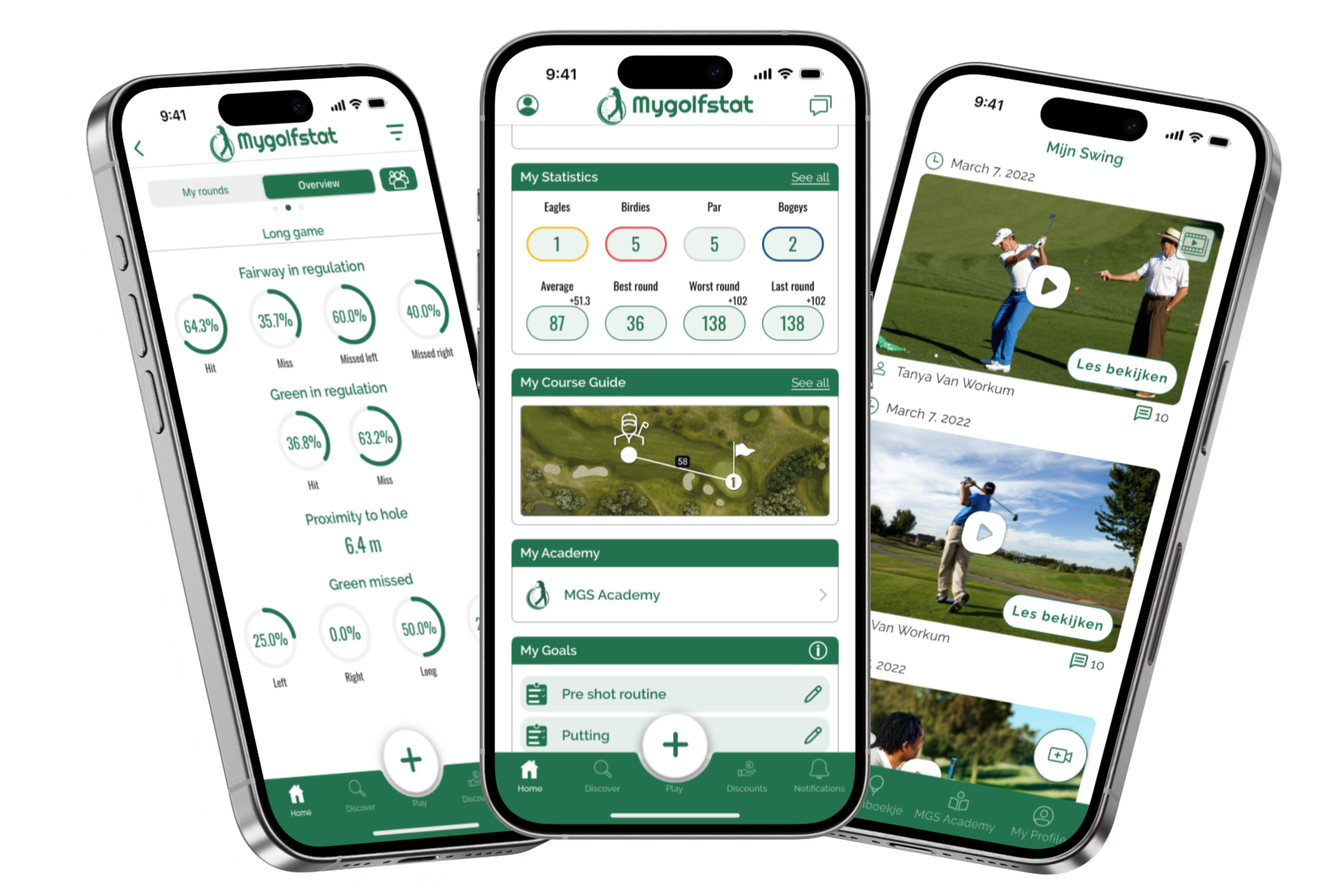Three smartphones showing the 'Mygolfstat' golf app with player statistics, coaching video, and event creation interface.