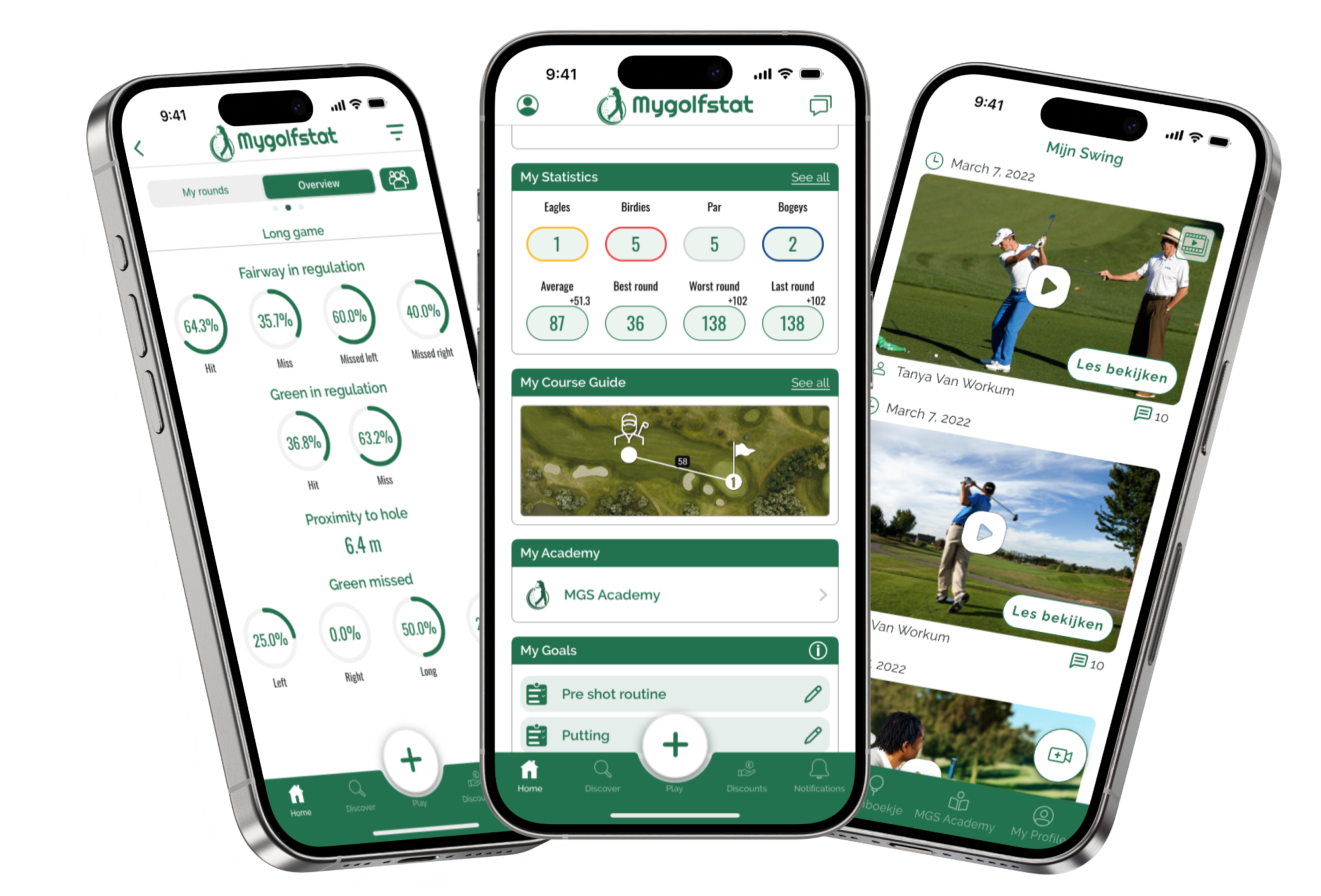 Three smartphones showing the 'Mygolfstat' golf app with player statistics, coaching video, and event creation interface.