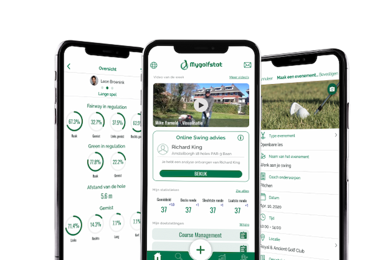Three smartphones showing the 'Mygolfstat' golf app with player statistics, coaching video, and event creation interface.